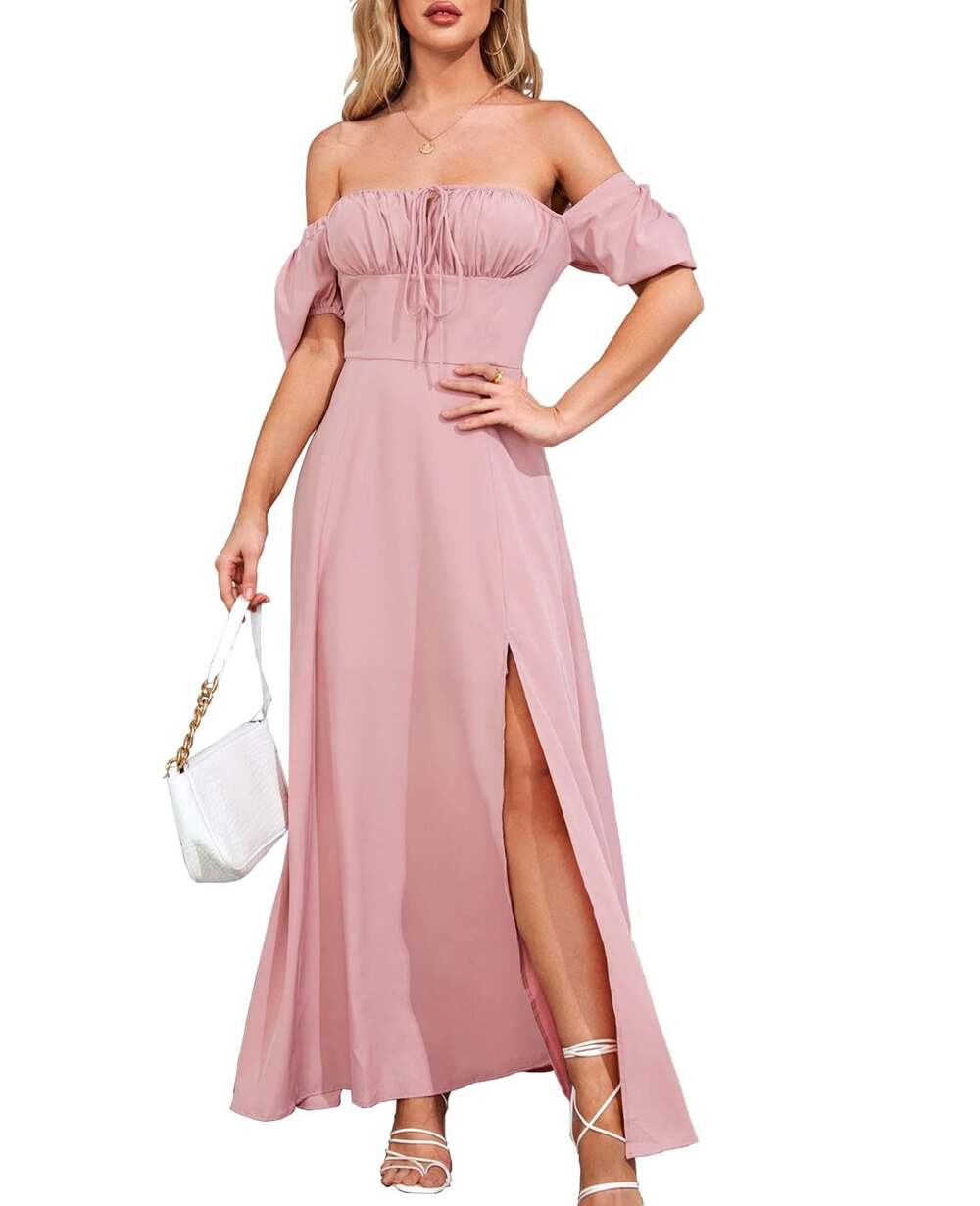 Puff Sleeve Tie Front Off Shoulder Slit Thigh Dress Summer Elegant